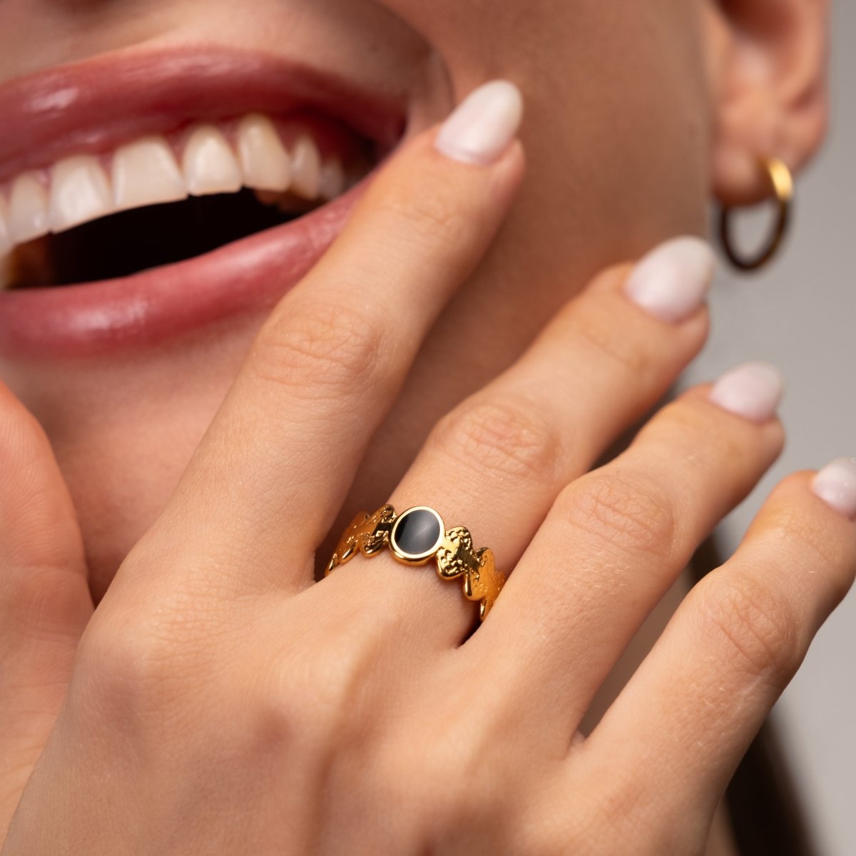 Adjustable Onyx Ring 18k Gold Plated