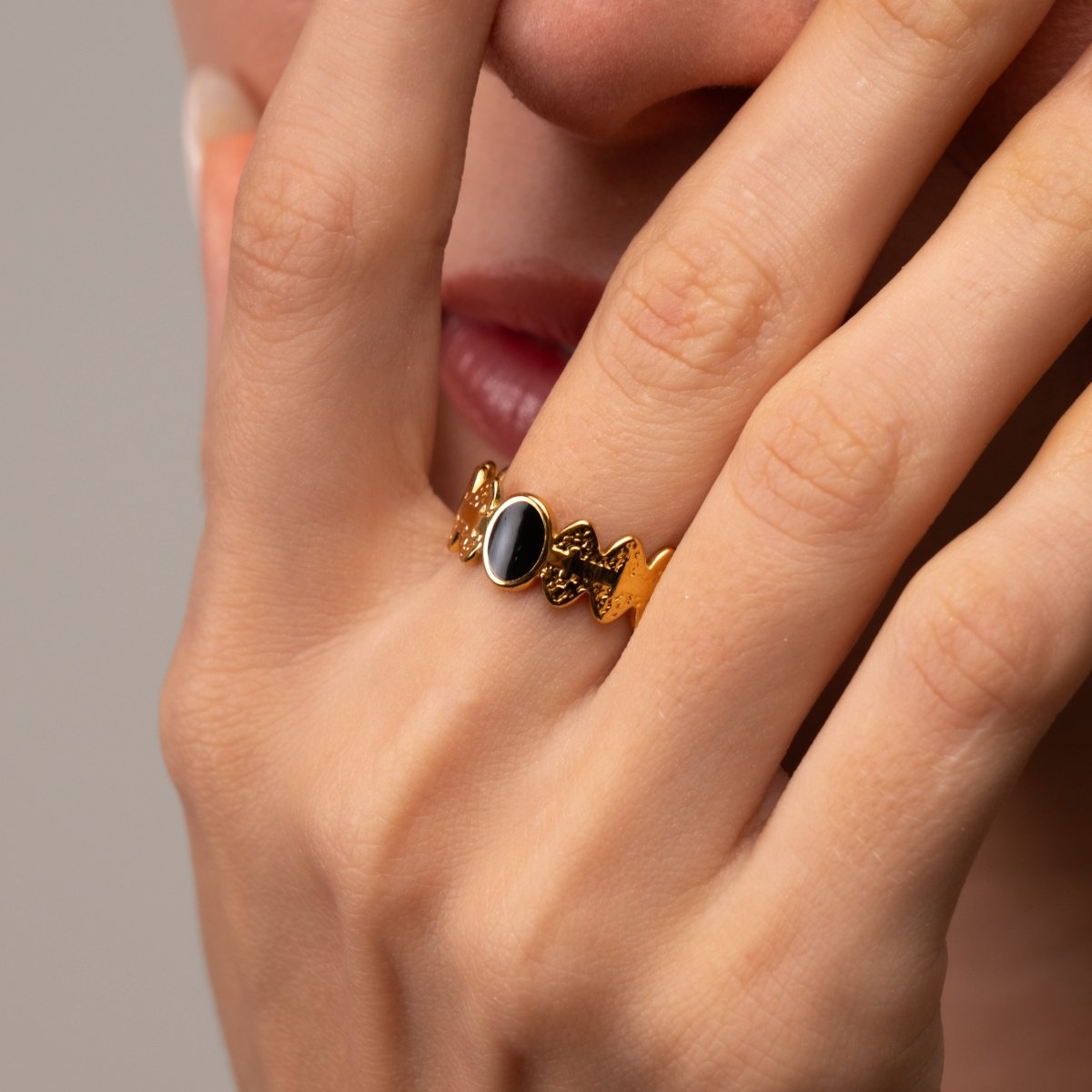 Adjustable Onyx Ring 18k Gold Plated