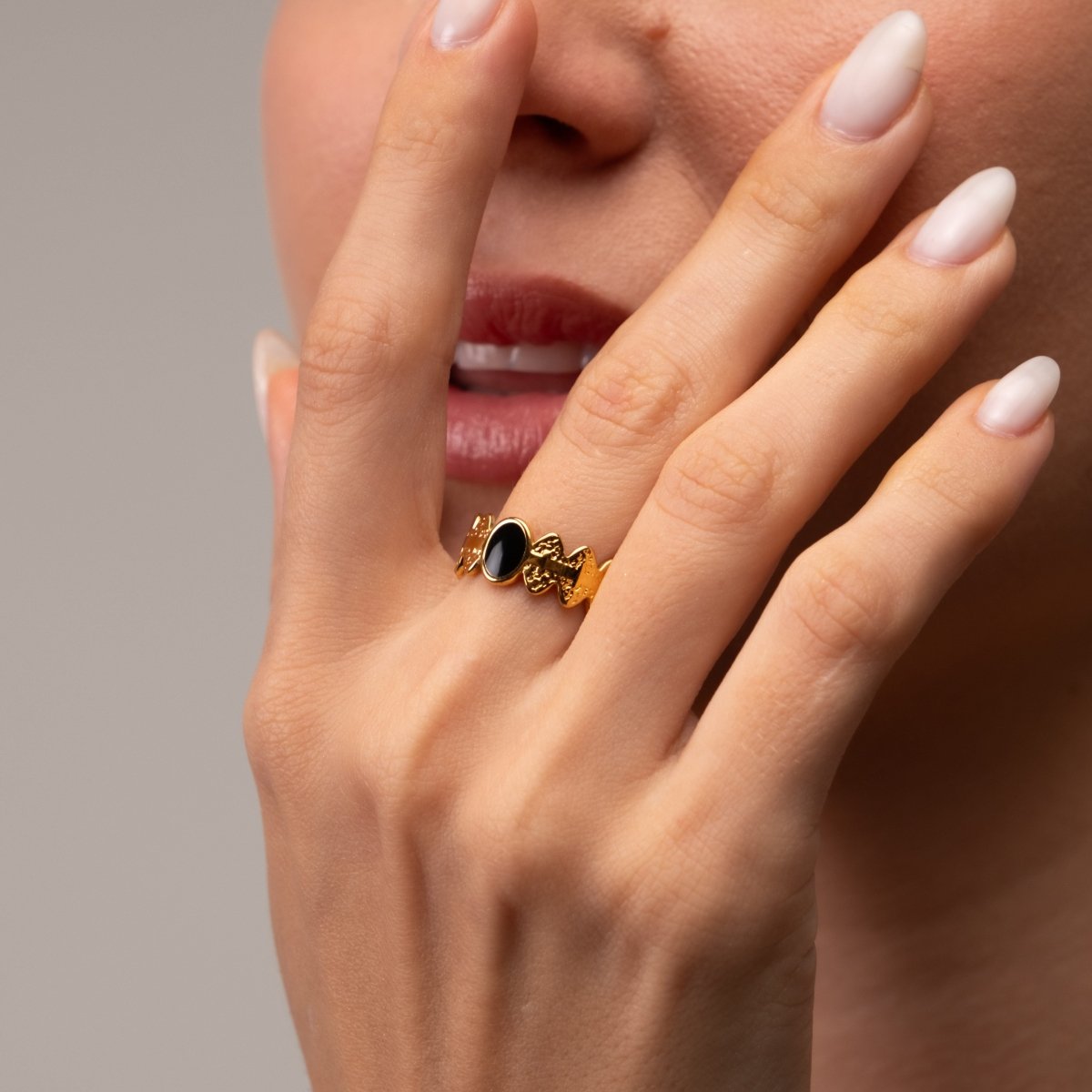 Adjustable Onyx Ring 18k Gold Plated