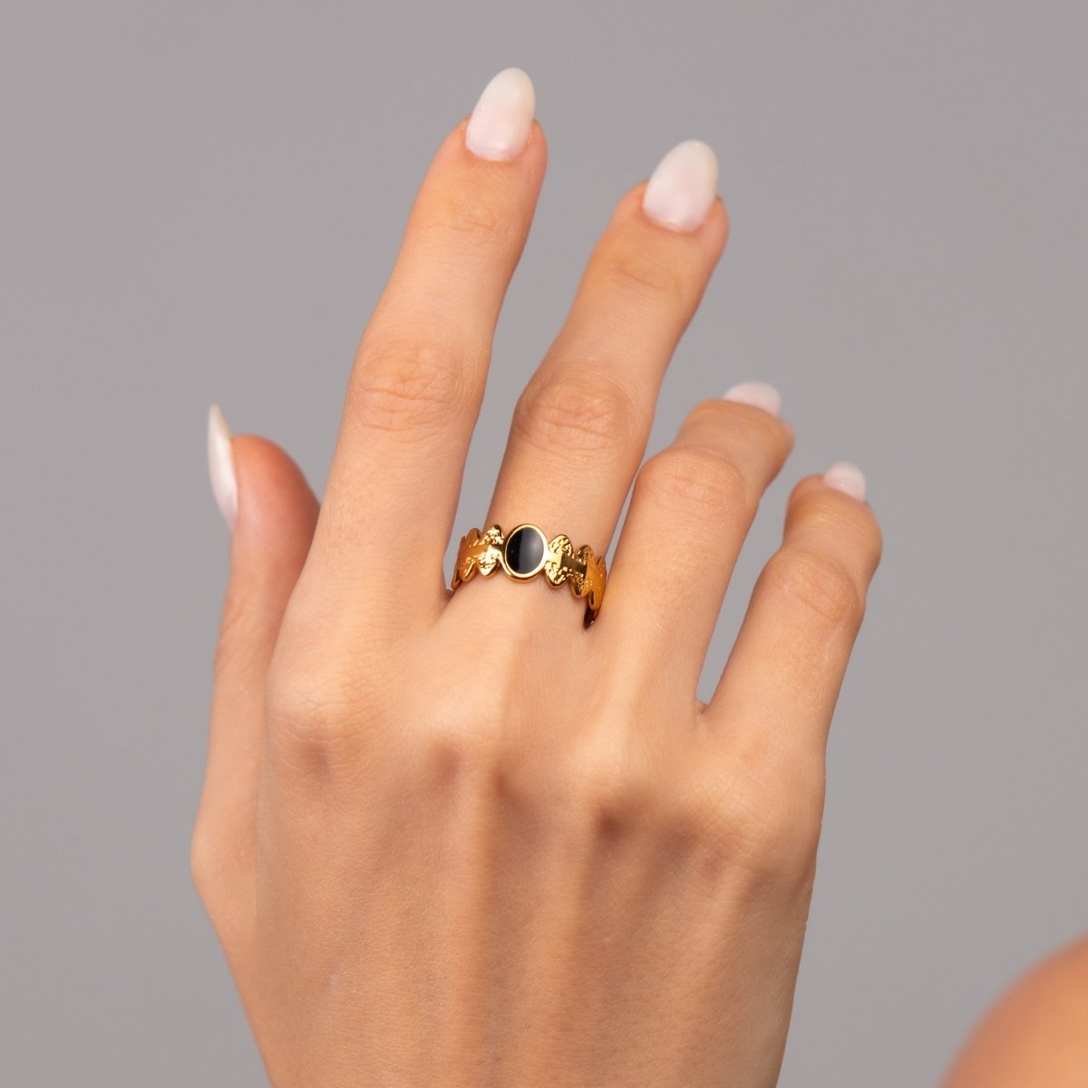Adjustable Onyx Stone Ring 18k Gold Plated