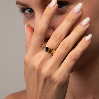 Adjustable Onyx Stone Ring 18k Gold Plated