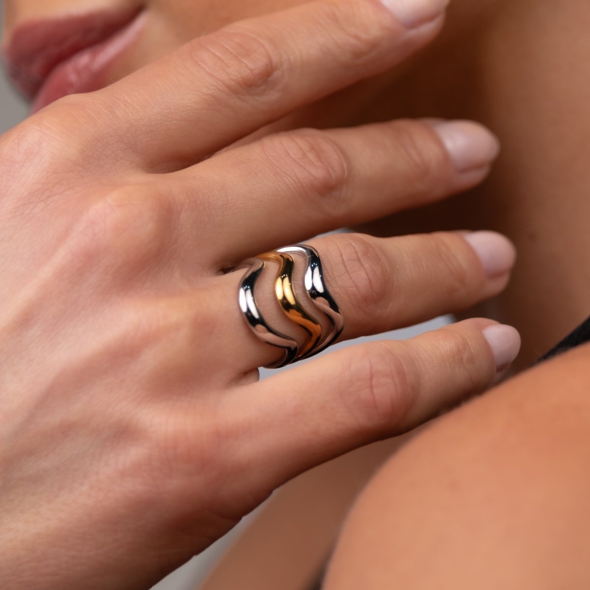 Waves Adjustable Ring Gold and Silver Two-Tone