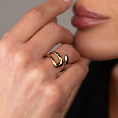 Wave Adjustable Ring Gold and Silver Two-Tone