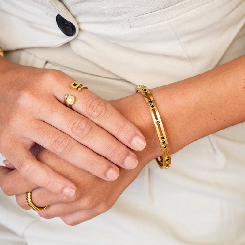 Black Studs Bangle - 18k Gold Plated