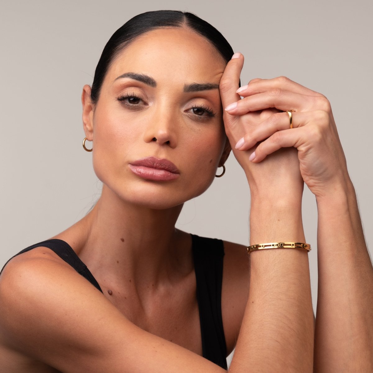 Black Studs Bangle - 18k Gold Plated