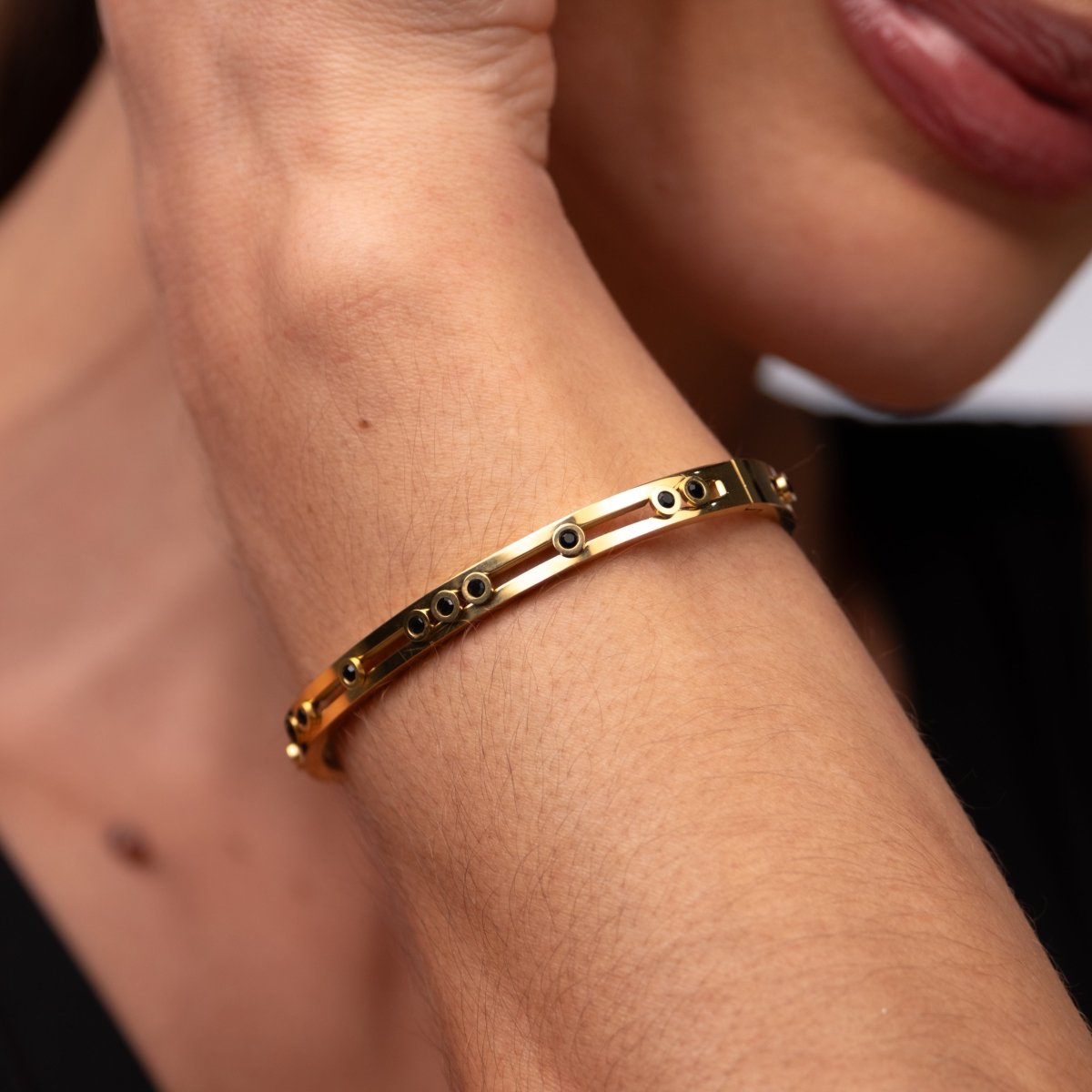 Black Studs Bangle - 18k Gold Plated