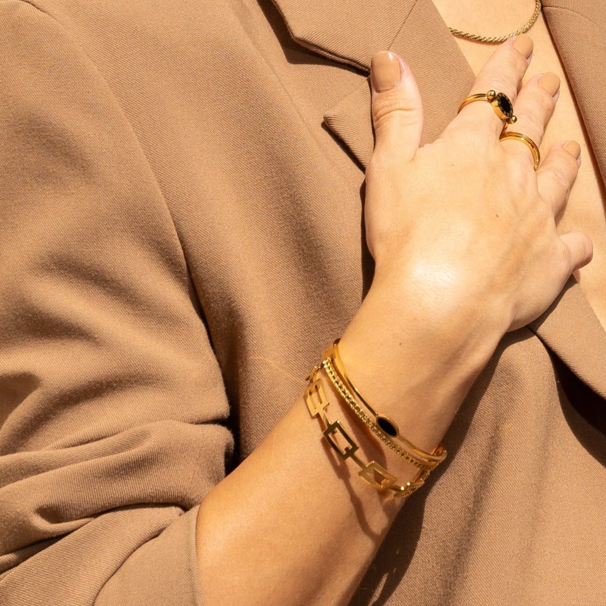 Layered Onyx Bangle Bracelet 18k Gold Plated