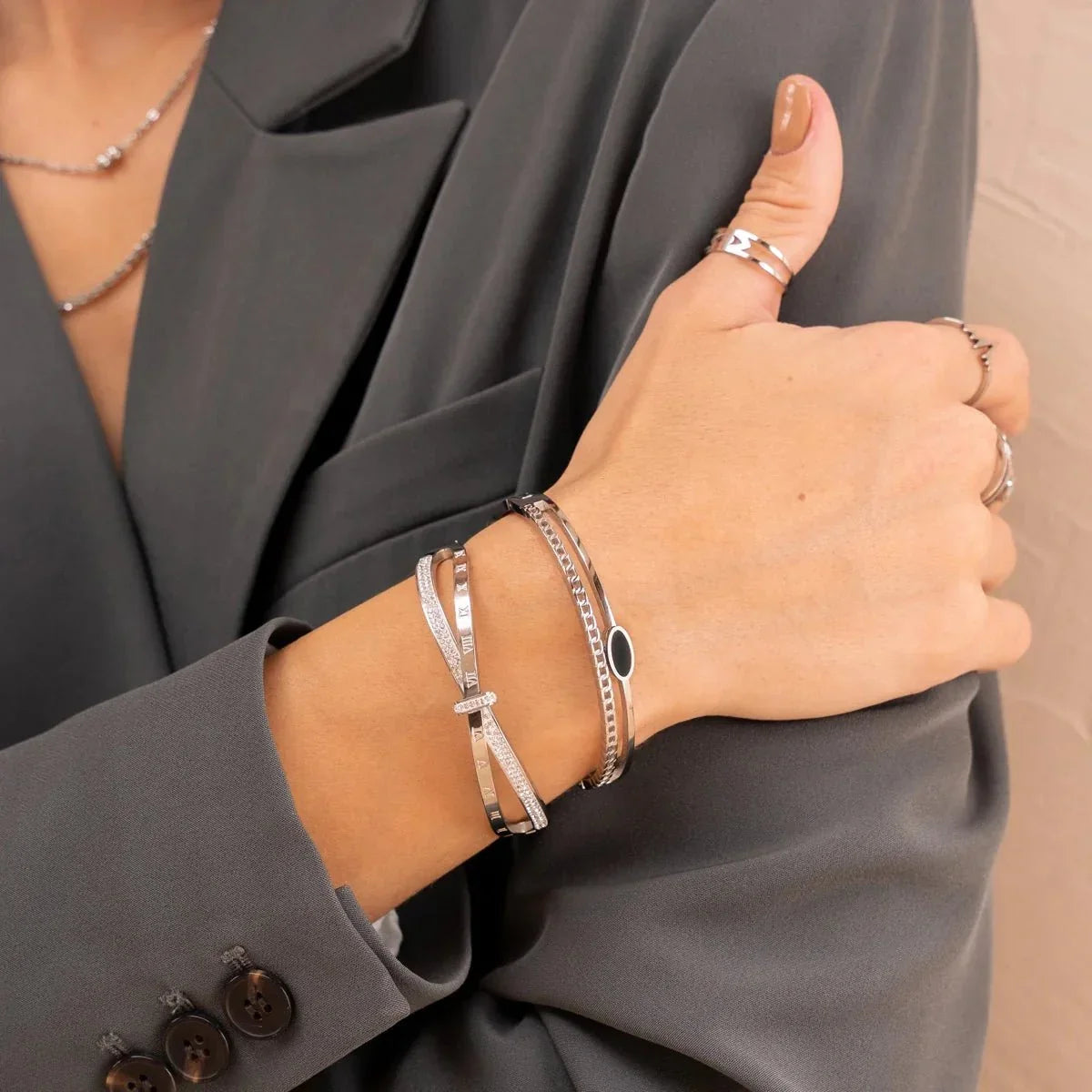 Onyx Layered Bangle - Silver