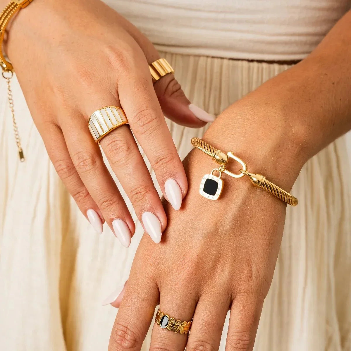 Square Onyx Pendant Cuff Bracelet – 18k Gold Plated