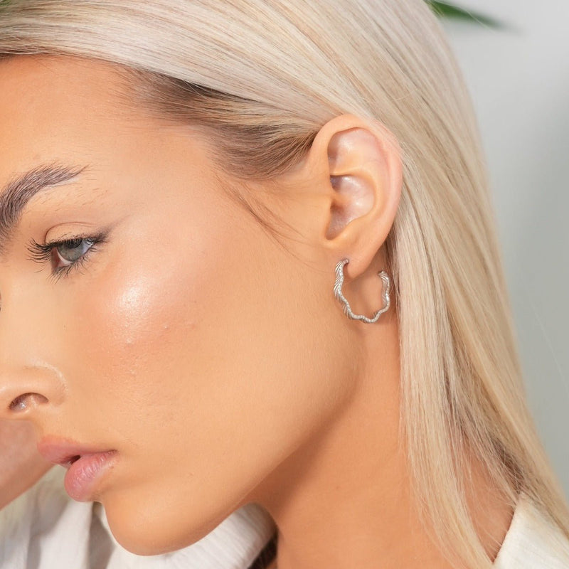 Wavy Texture Hoop Earrings - Silver