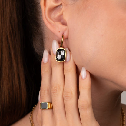 Black Crystal Mini Hoop Earrings - 18k Gold Plated