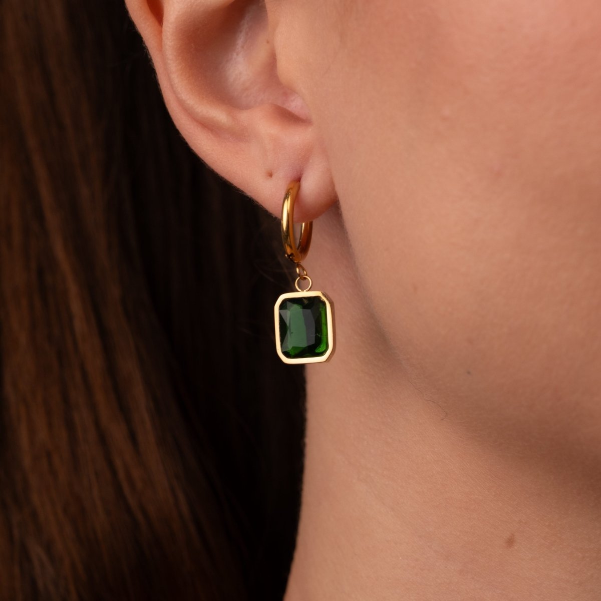 Green Crystal Mini Hoop Earrings - 18k Gold Plated