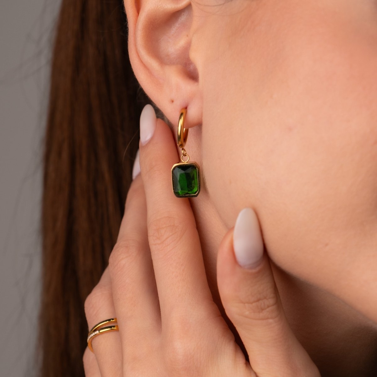 Green Crystal Mini Hoop Earrings - 18k Gold Plated