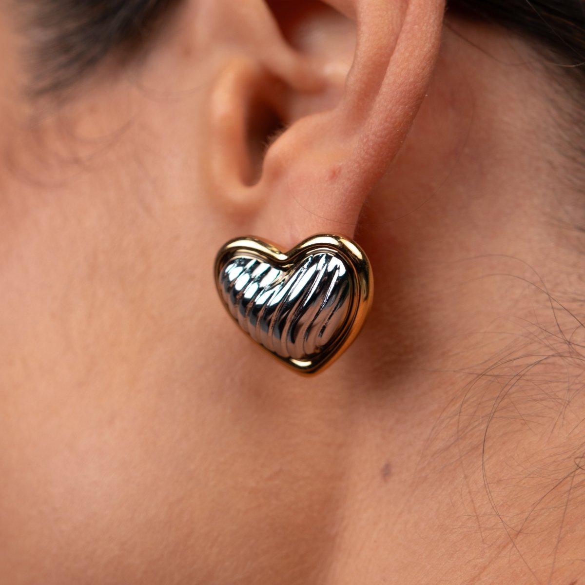 Heart Contour Earrings Gold and Silver Two-Tone