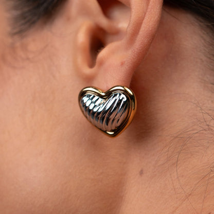 Heart Contour Earrings Gold and Silver Two-Tone