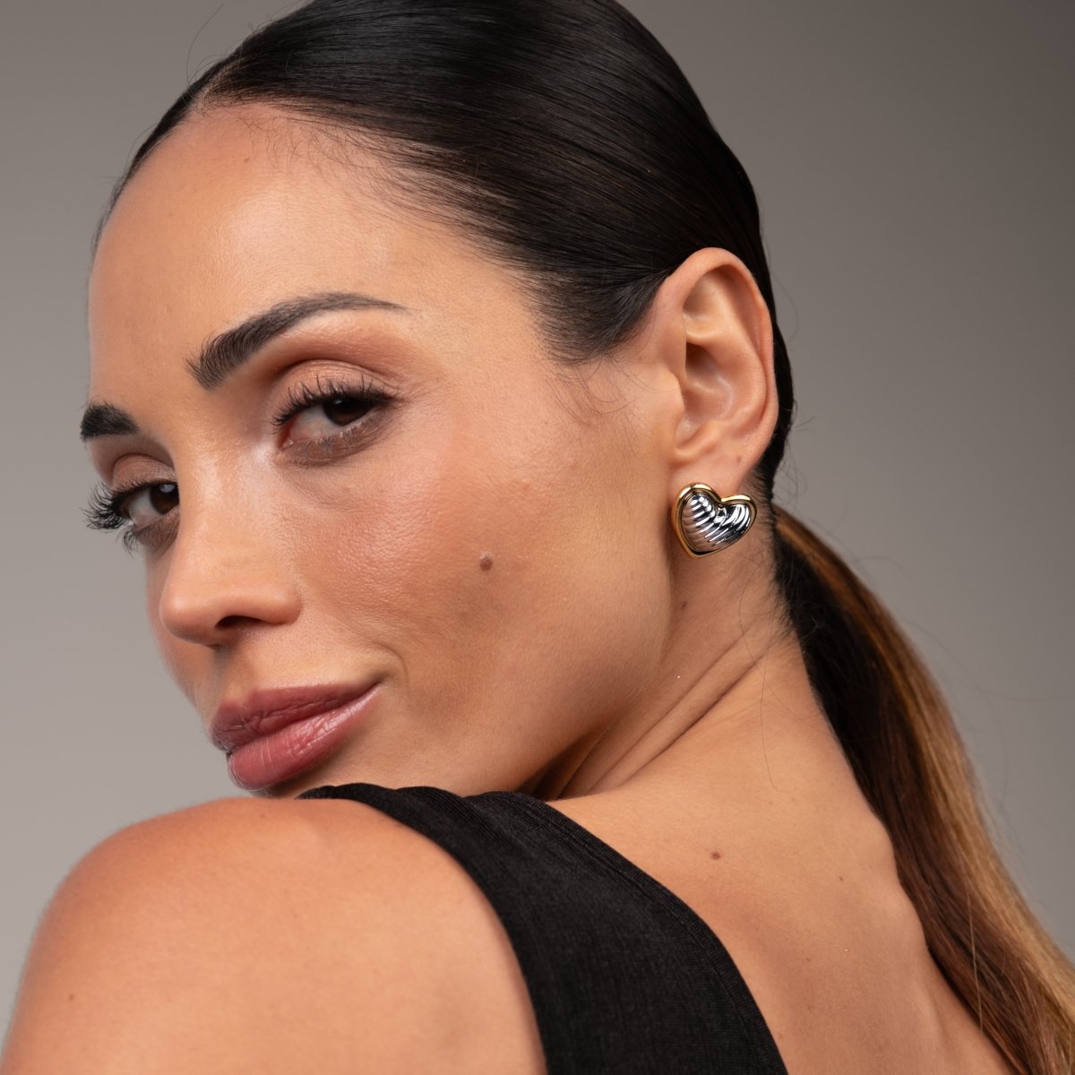 Heart Contour Earrings Gold and Silver Two-Tone