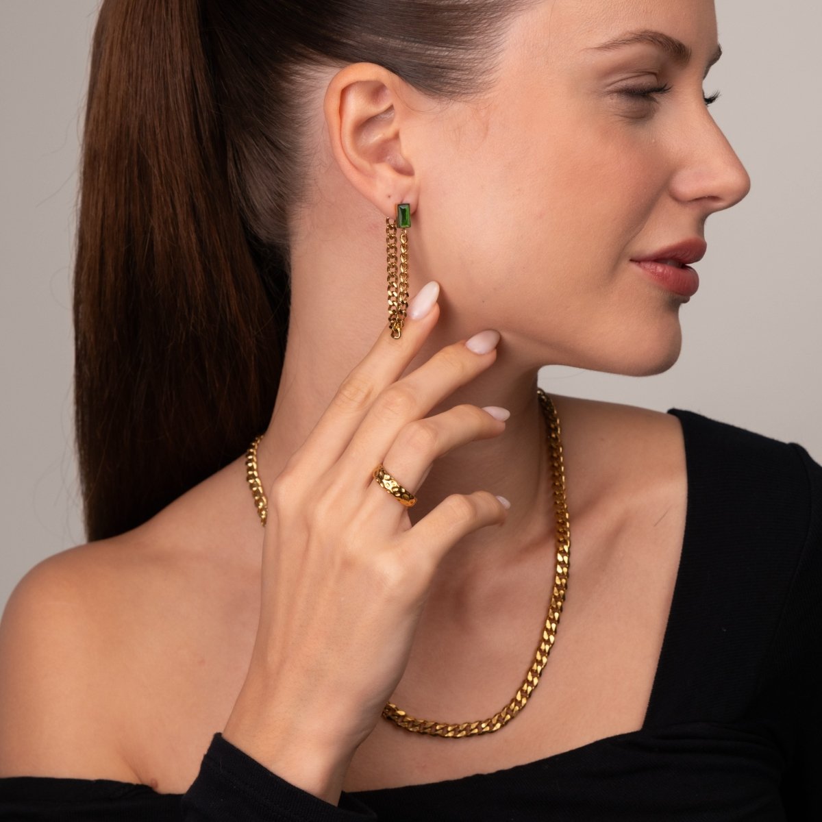 Elisabeth Emerald Cubic Zirconia Chain Earrings 18k Gold Plated