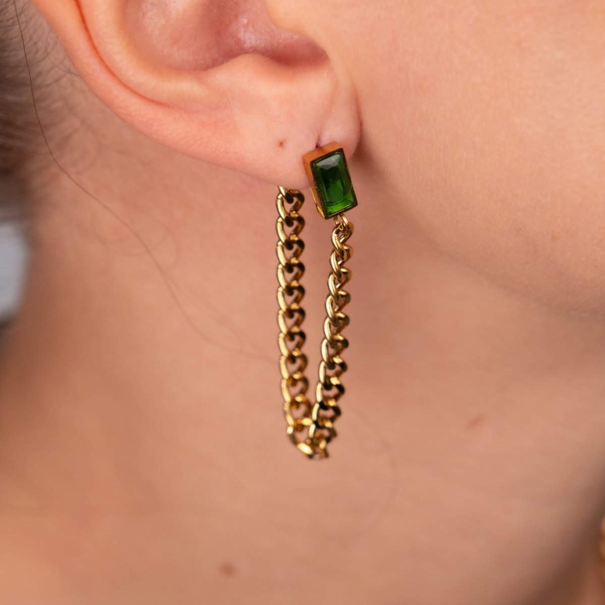 Elisabeth Emerald Cubic Zirconia Chain Earrings 18k Gold Plated
