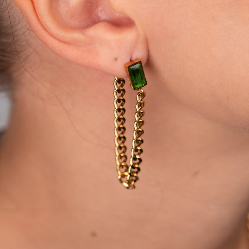 Elisabeth Emerald Cubic Zirconia Chain Earrings 18k Gold Plated