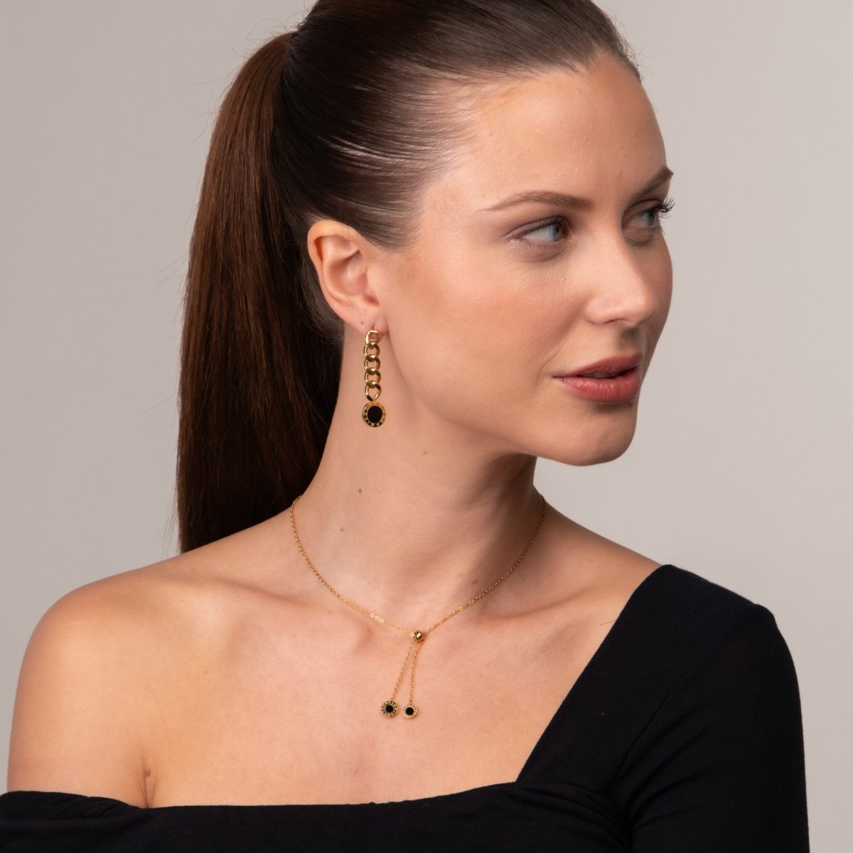 Glamour Onyx Stone Chain Earrings 18k Gold Plated