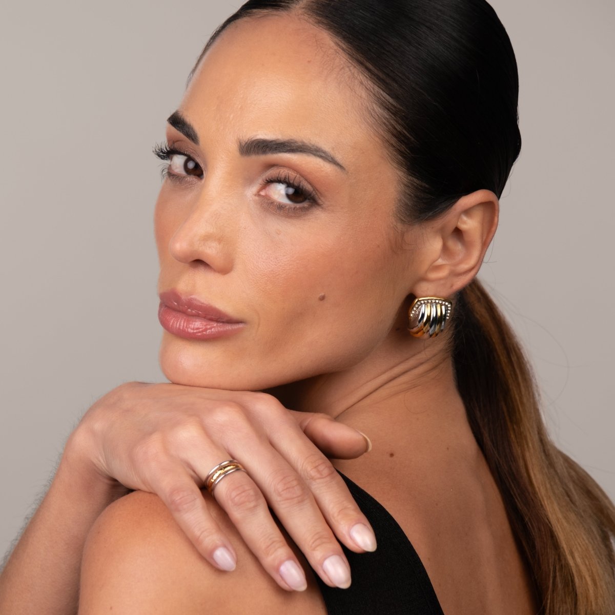 Crystal Dome Earrings Gold and Silver Two-Tone