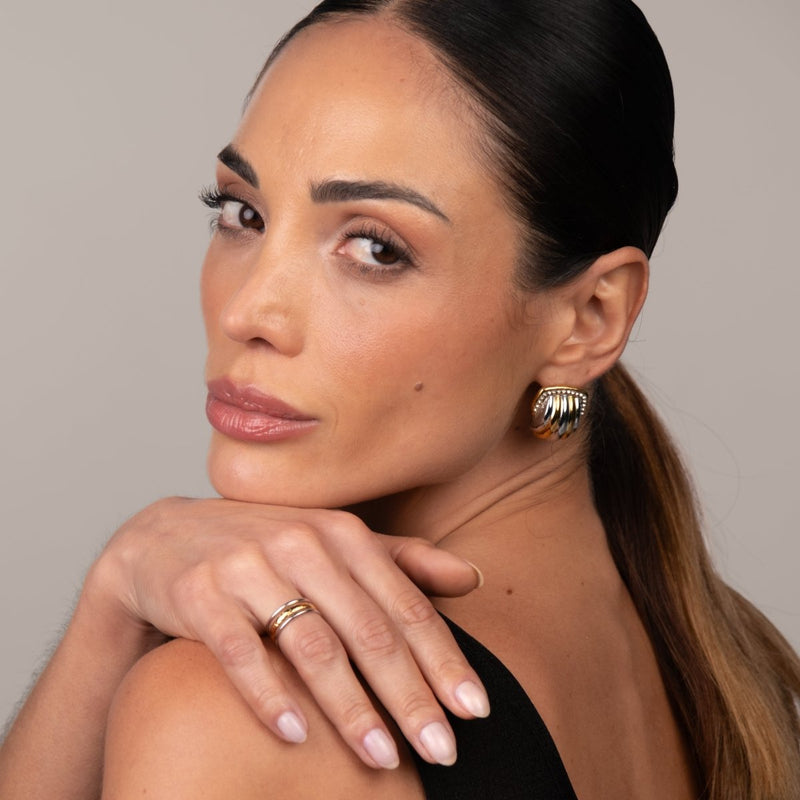 Crystal Dome Earrings Gold and Silver Two-Tone