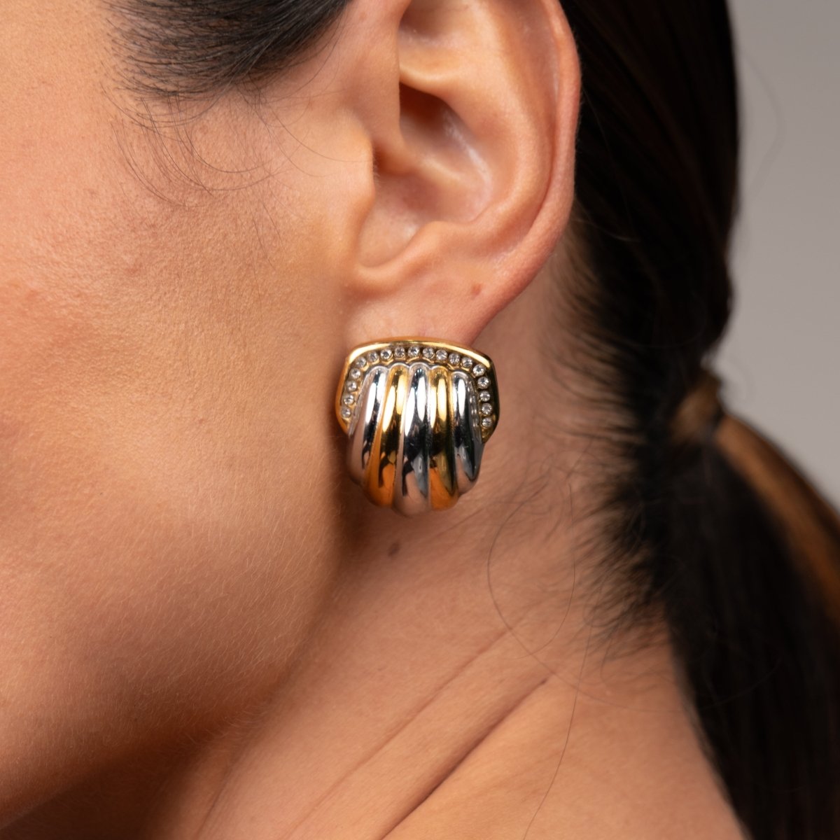 Crystal Dome Earrings Gold and Silver Two-Tone