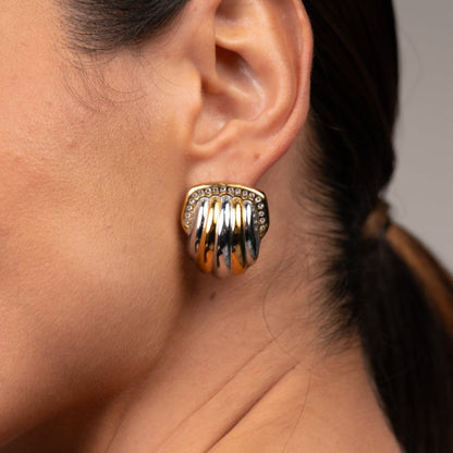 Crystal Dome Earrings Gold and Silver Two-Tone