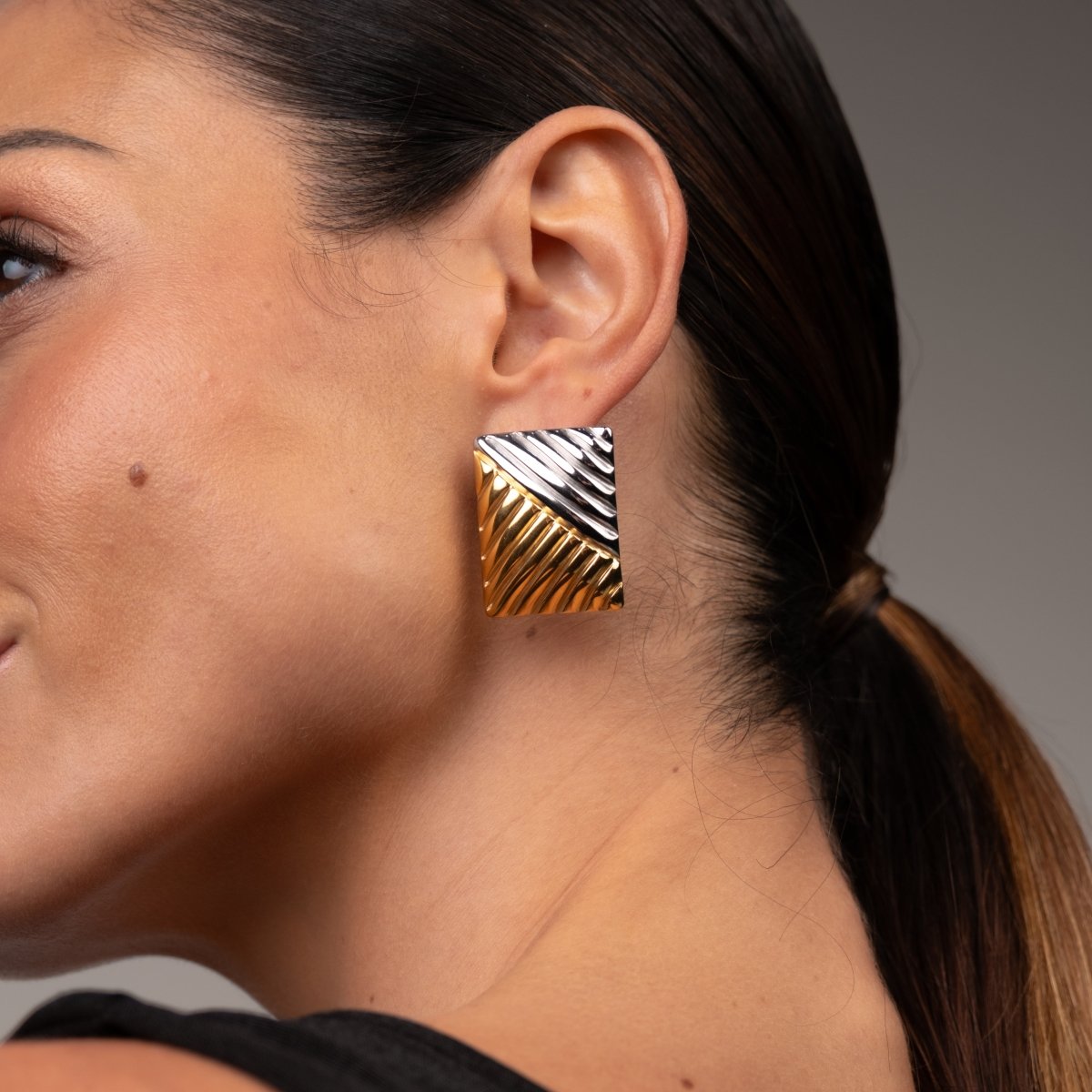 Dual Square Earrings Gold and Silver Two-Tone