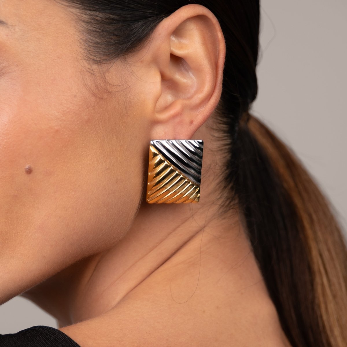 Dual Square Earrings Gold and Silver Two-Tone