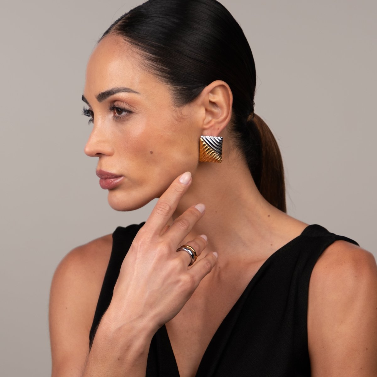 Dual Square Earrings Gold and Silver Two-Tone