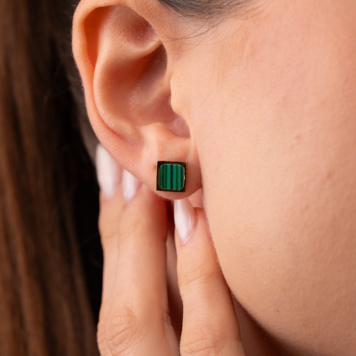 Geometric Green Stone Earrings 18k Gold Plated