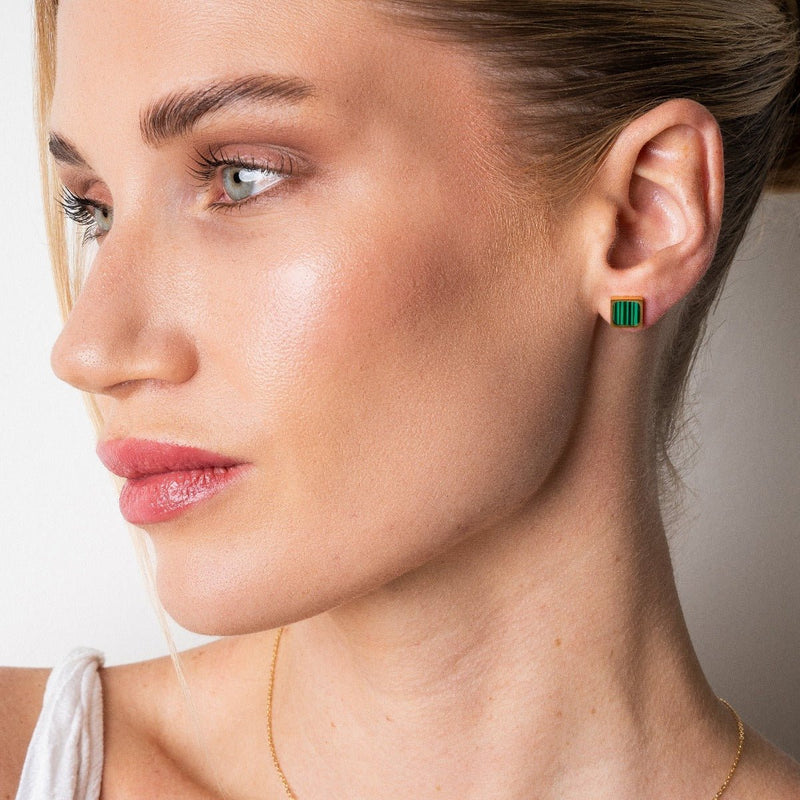 Geometric Green Stone Earrings 18k Gold Plated