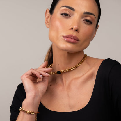 Square Onyx Stone Chain Necklace 18k Gold Plated
