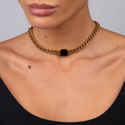 Square Onyx Stone Chain Necklace 18k Gold Plated