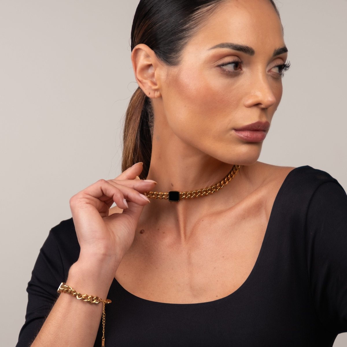 Square Onyx Stone Chain Necklace 18k Gold Plated