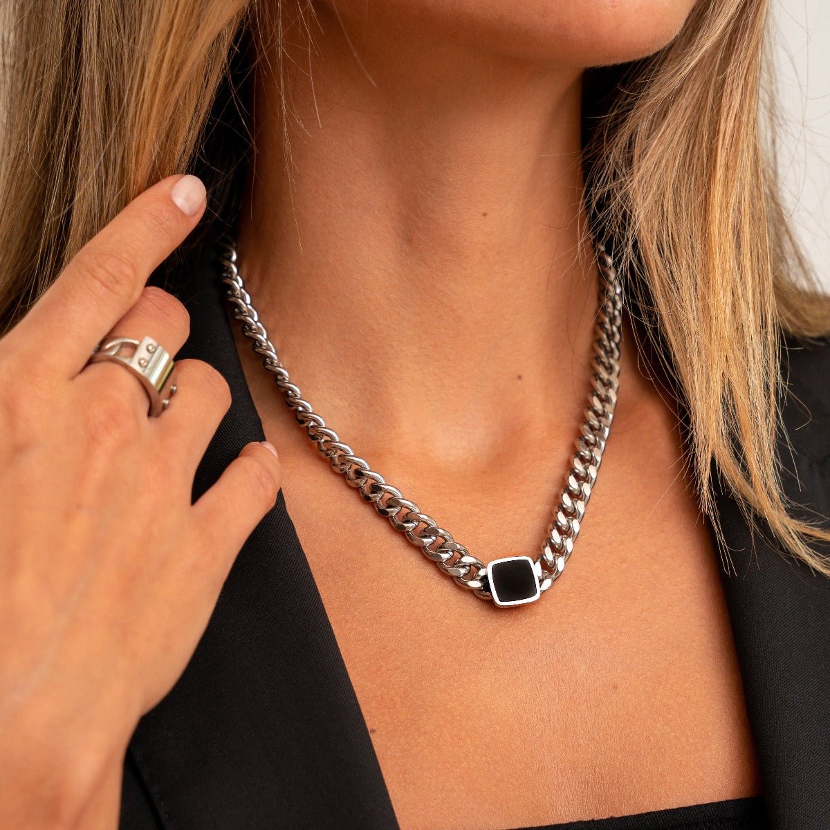 Square Onyx Stone Chain Necklace - Silver