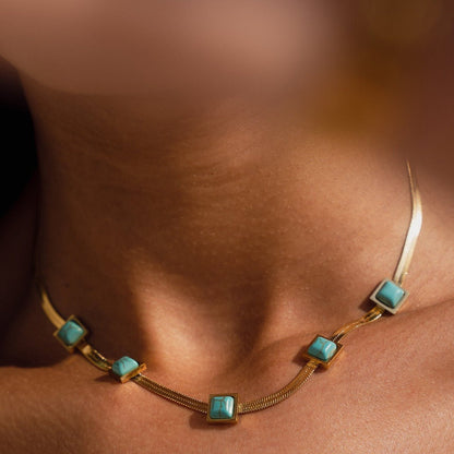 Aqua Stone Mesh Necklace 18k Gold Plated