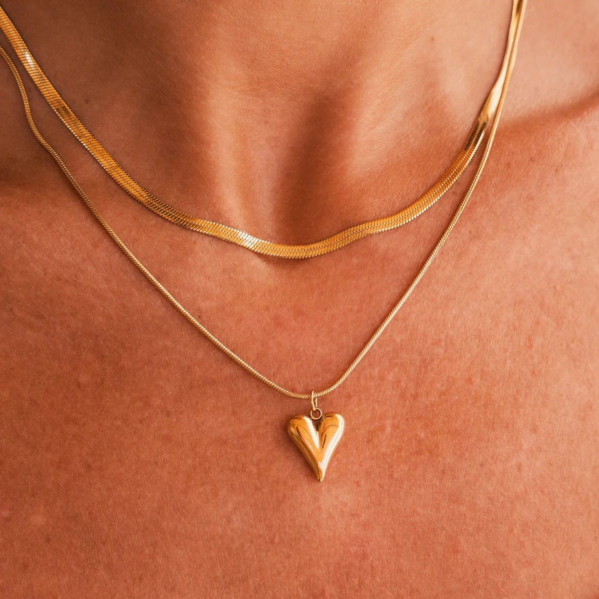 Sculpted Heart Layered Necklace Set - 18k Gold Plated