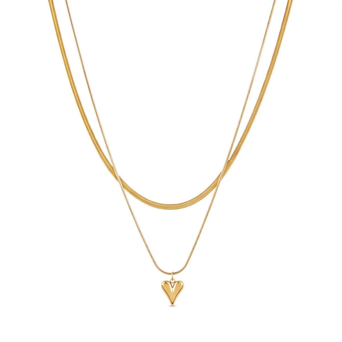 Sculpted Heart Layered Necklace Set - 18k Gold Plated