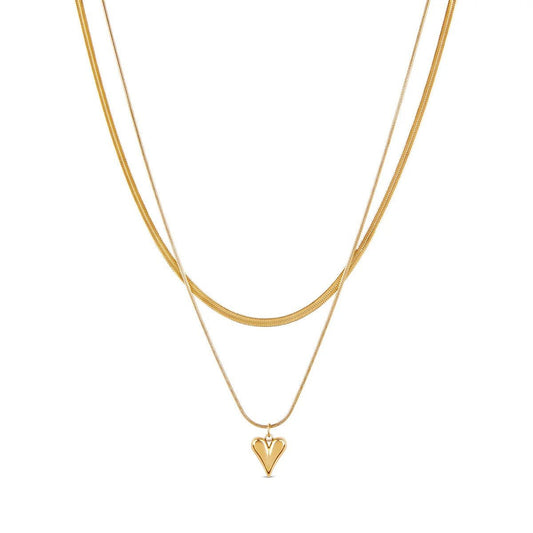 Sculpted Heart Layered Necklace Set - 18k Gold Plated