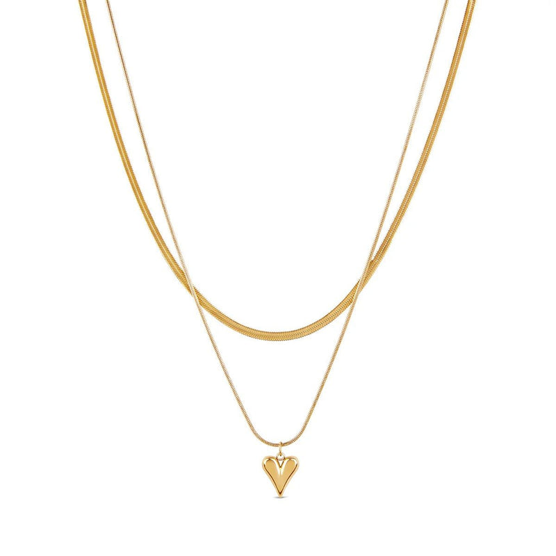 Sculpted Heart Layered Necklace Set - 18k Gold Plated
