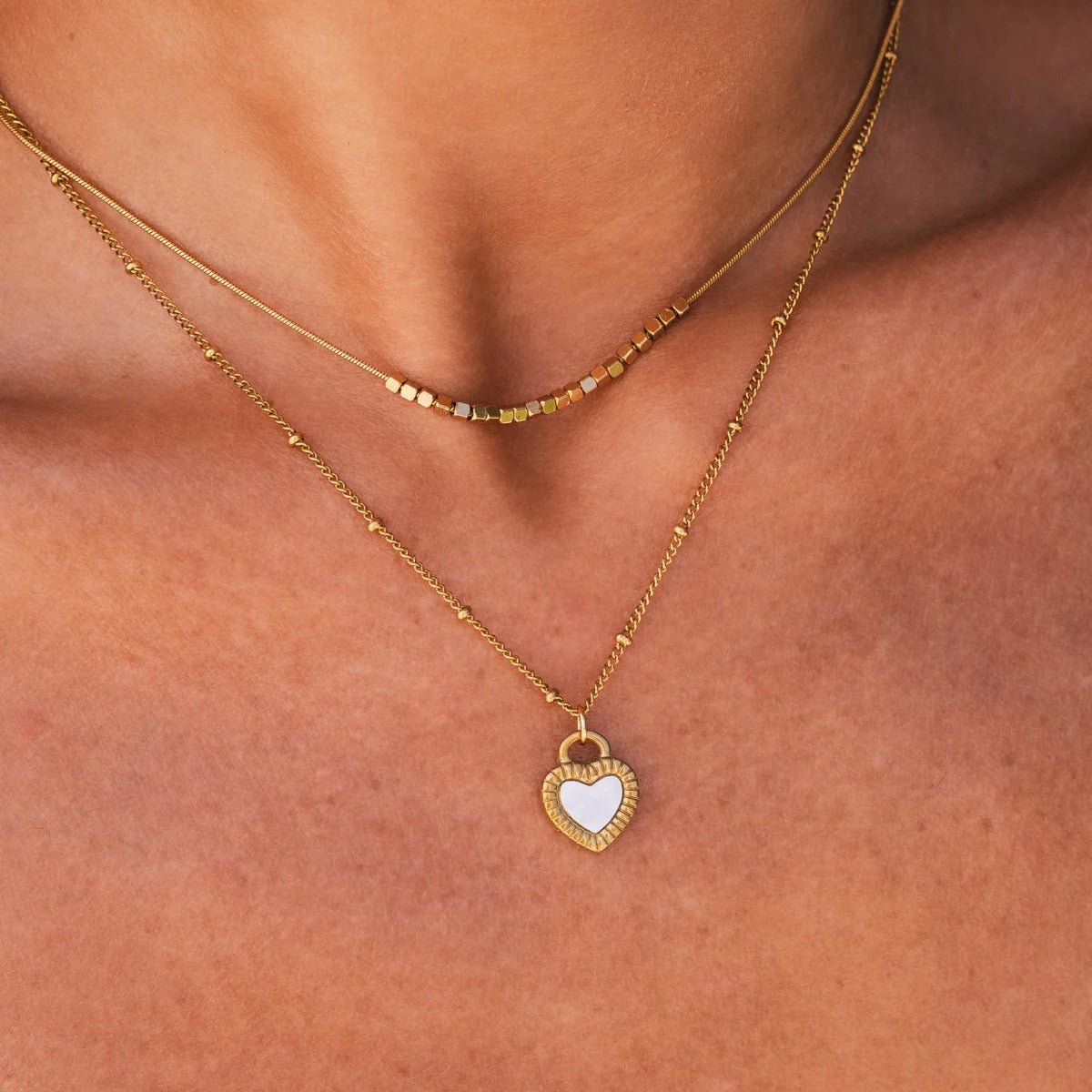 Marbled Heart Layered Necklace Set - 18k Gold Plated