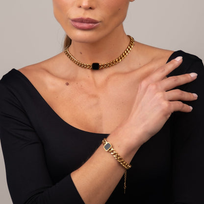 Onyx Pendant Chain Bracelet 18k Gold Plated