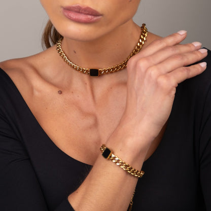 Onyx Pendant Chain Bracelet 18k Gold Plated