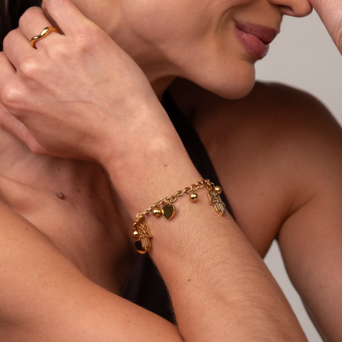 Heart and Hamsa Charm Link Bracelet 18k Gold Plated