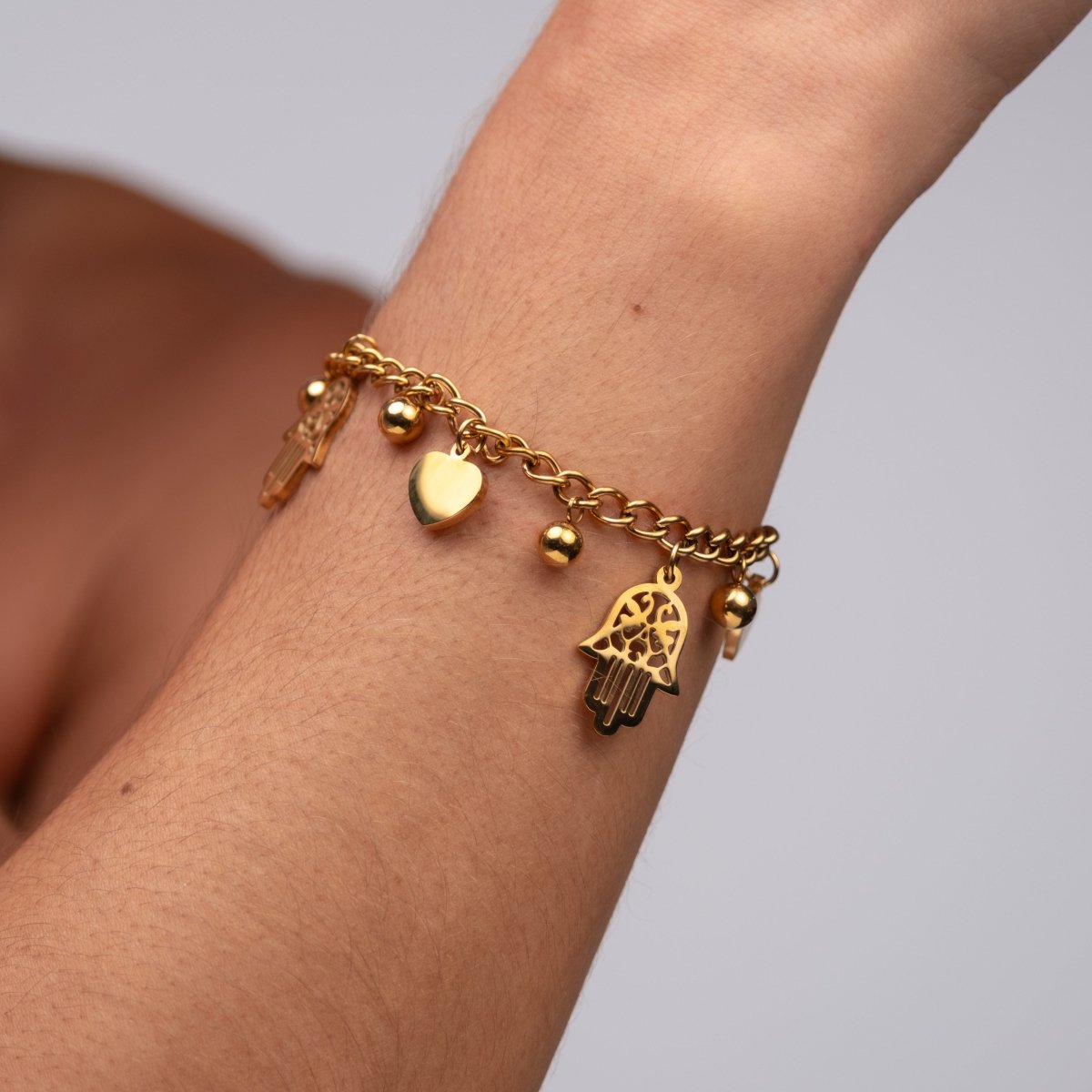 Heart and Hamsa Charm Link Bracelet 18k Gold Plated