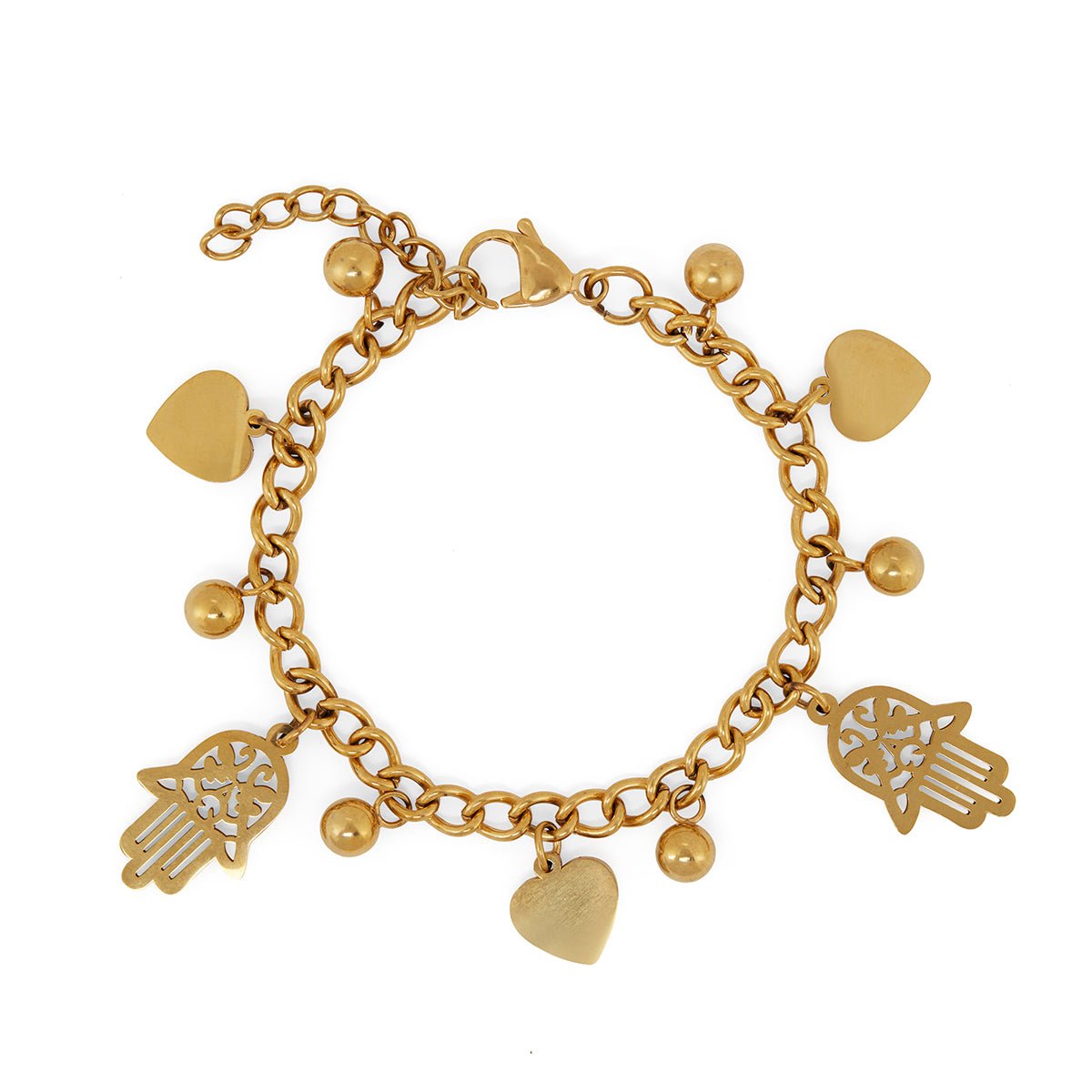 Heart and Hamsa Charm Link Bracelet 18k Gold Plated