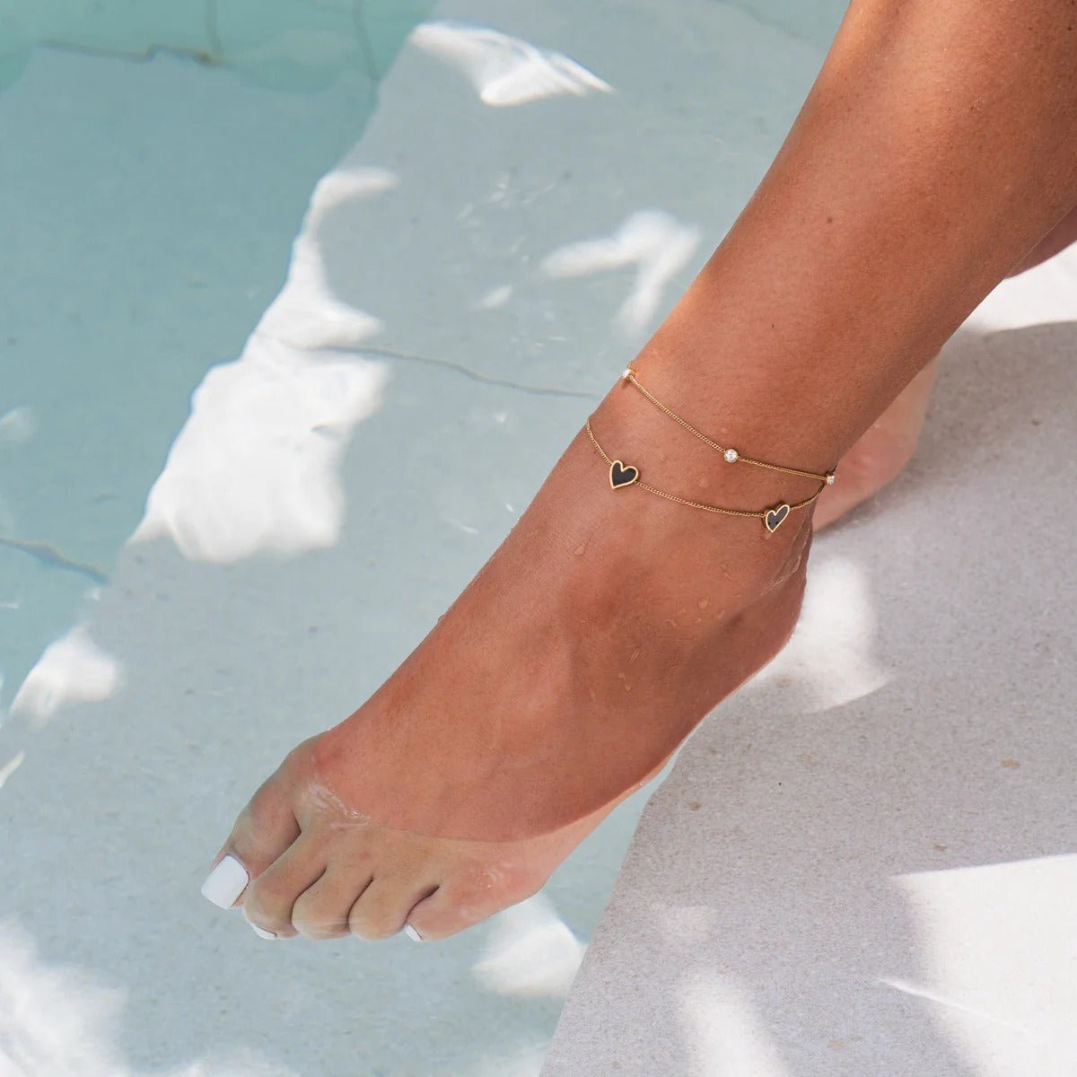 Double Heart Anklet with Stone - 18k Gold Plated