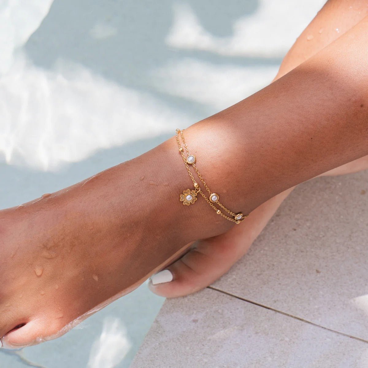 Double Pearl Floral Anklet - 18k Gold Plated